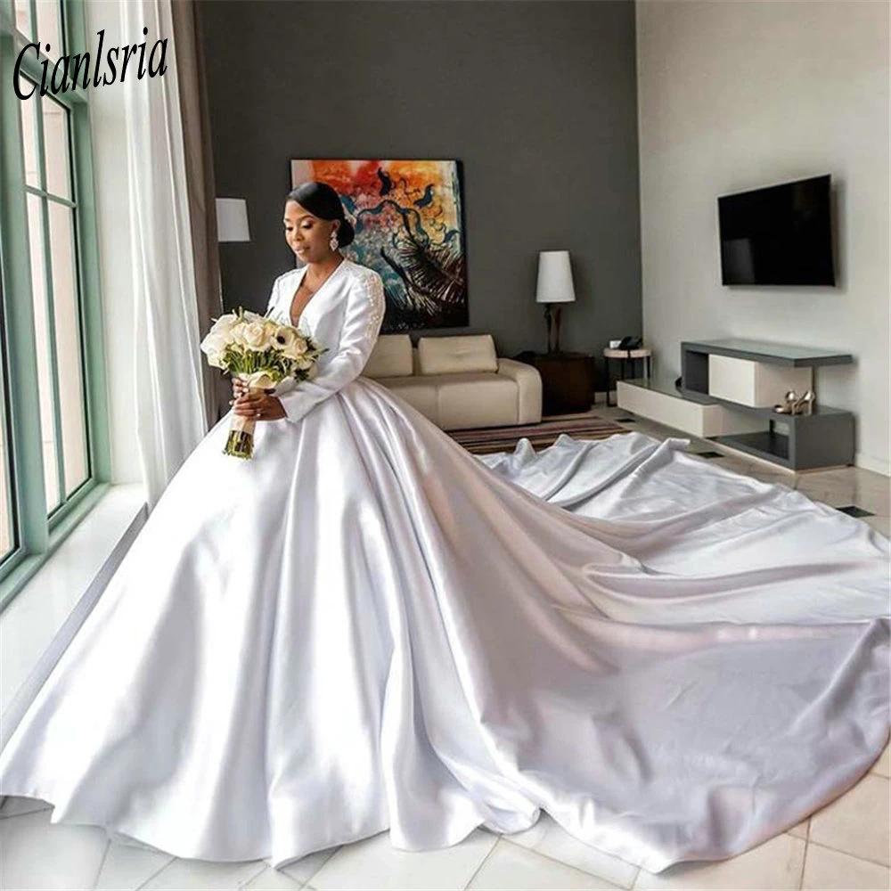 Luxury Cathedral Train Deep V Neck Ball Gown Wedding Dresses Long Sleeve Appliques Lace Satin Bridal Wedding Dress Wedding Dresses Aliexpress