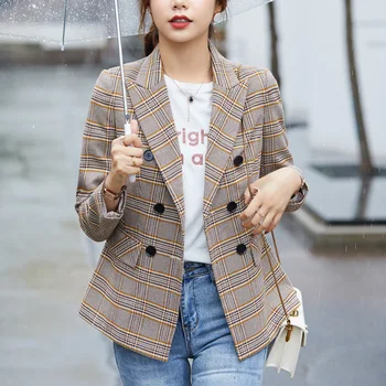 

Women's single coat 2019 autumn new fashion temperament casual lattice double-breasted small suit women's shirt