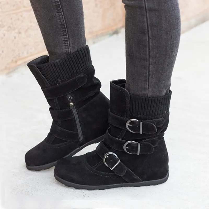 Cushioned Low-calf Buckled Boots Low Heel Knitted Fabric Zipper Slip On Boots