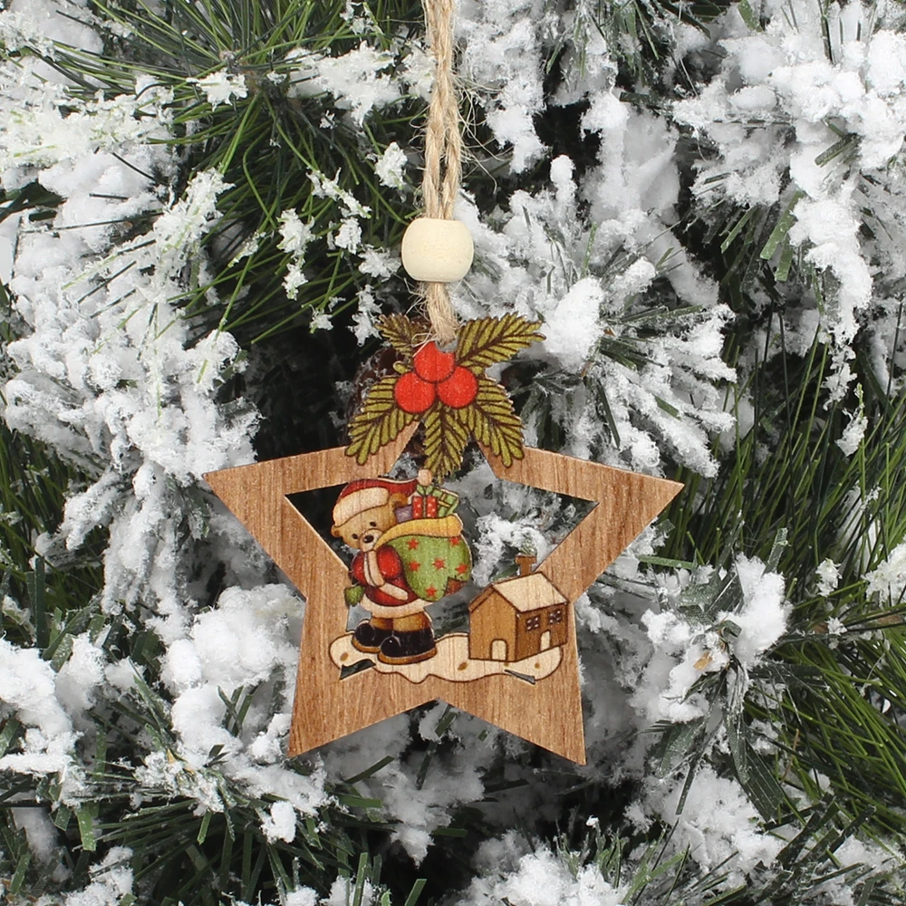 HUADODO 4Pcs Wooden Star Christmas tree decoration Pendants Ornaments for Christmas decoration Ornament New Year Kids Gift