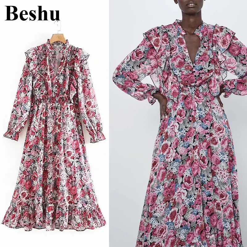 

za 2019 ruffled neck floral dress vintage long sleeve cascading dress women elegant vestido mujer