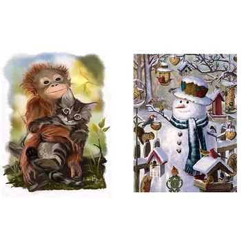 

2 Set 5D Diy Diamond Painting Full Round Diamond Home Decor - Monkey Holding Cat & Christmas Snowman Bird