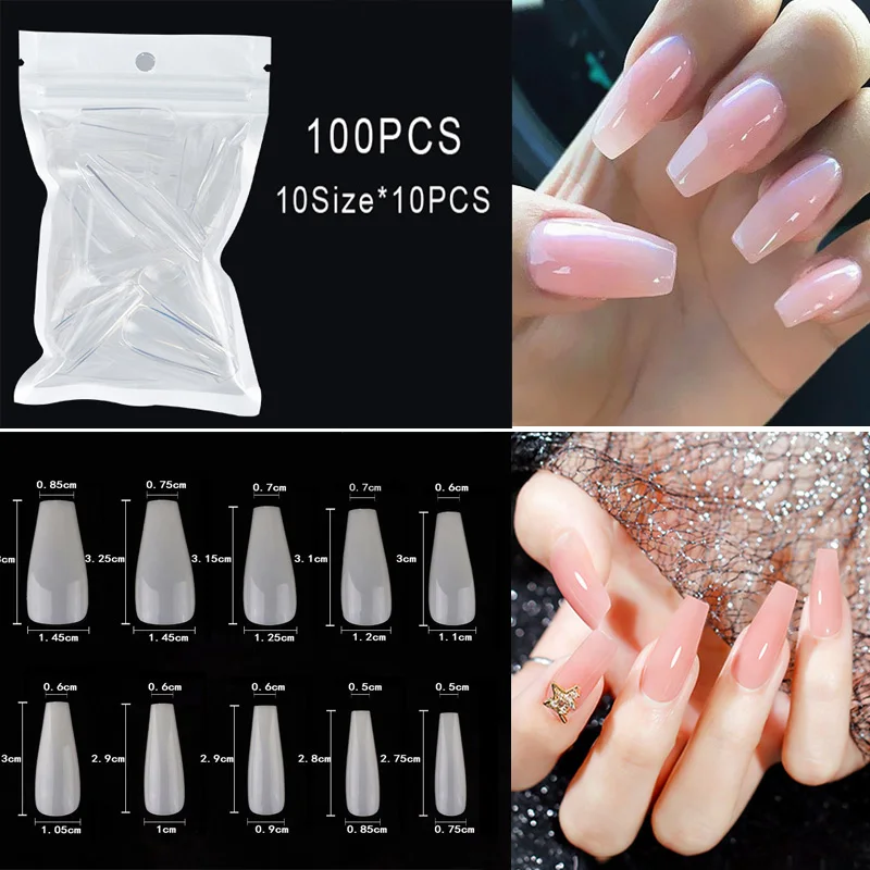 

100pcs/bag Clear Coffin Ballerina Nail Tips Long Stiletto False Nails Tips Professional Full Cover DIY Acrylic Fake Nails