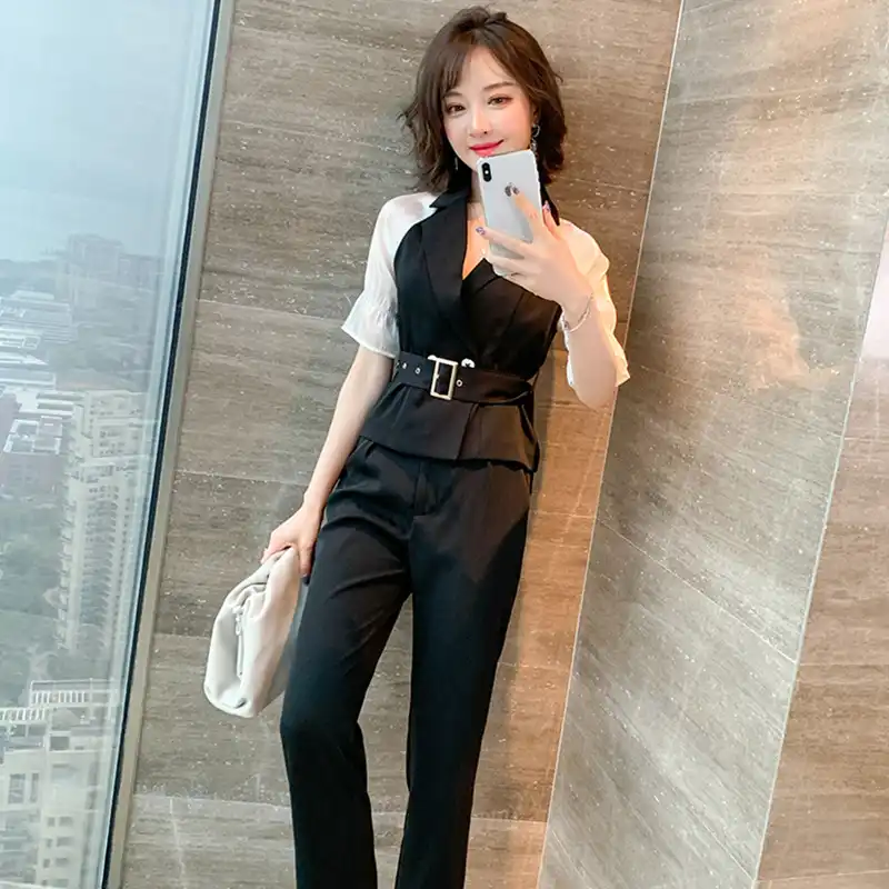 夏のファッションオフィスの女性のスーツターンダウン襟ウエストシャツと足首丈パンツ韓国女性スリム衣装作業服 レディースセット Aliexpress