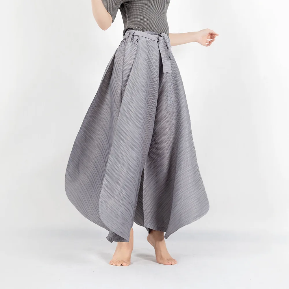Miyake Pleats Harem Pants With Belt Original Designer High Waist Wide Leg Loose Casual Elegant Big Trousers Aesthetic Clothes