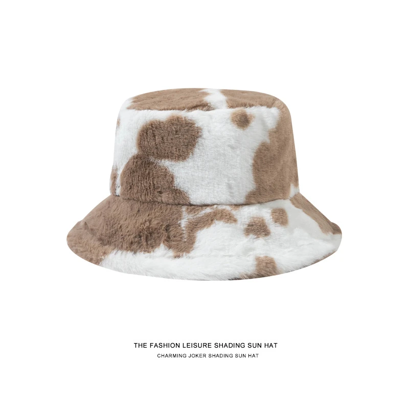Women Winter Thick Warm Travel Fishing Fisherman Flat Top Hat Cow Pattern Polyester Imitation Rabbit Fur Knit Bucket Cap R98 cow bucket hat