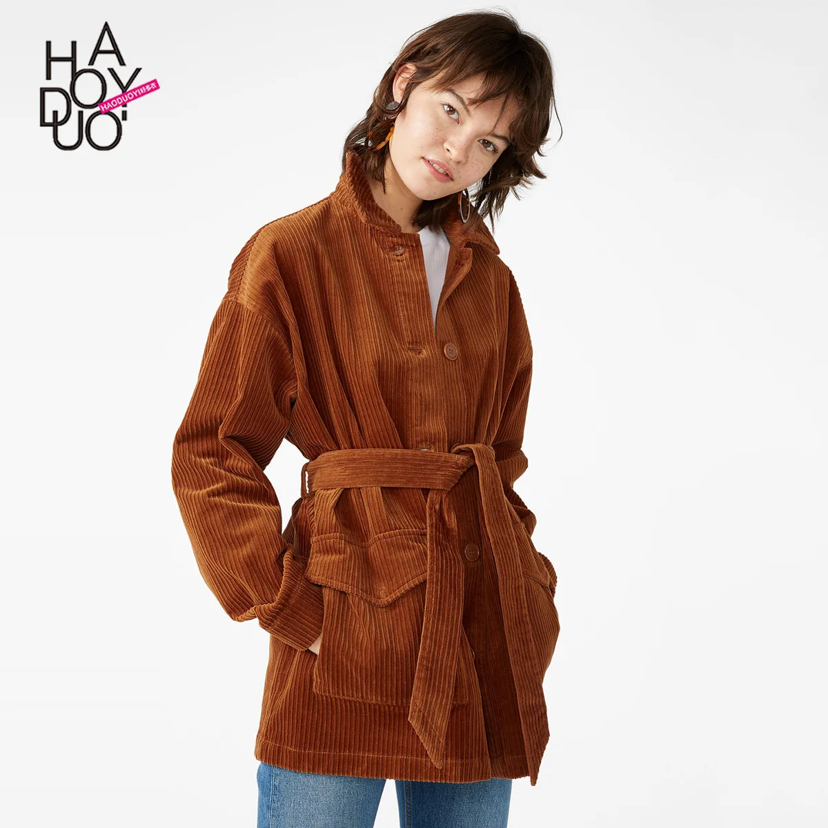 

Haoduoyi European And American Minimalist Retro Temperment Corduroy Fold-down Collar Single Breasted Waist Binding Bag Turn Coat