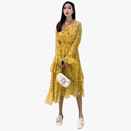 

2019 Free Shipping New Spring Autumn Women Fashion Broken Flower Double Bottom Slim Dress