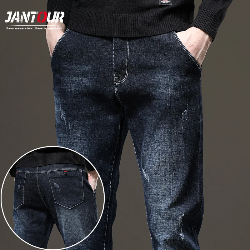 

Jantour Baggy Jeans Autumn Winter Thicken Straight Men Jeans Fashion Casual Pocket Scratched Trousers Ropa Hombre Size 28-38