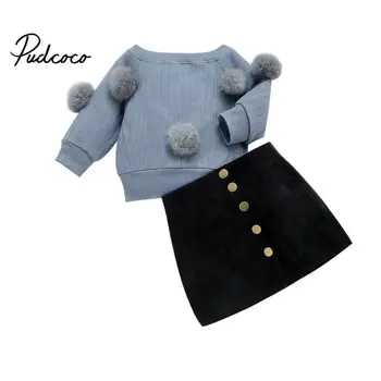 

2020 New Spring Autumn Toddler Baby Girls Clothes 2PCS Ruffles Pom Pom Ball Sweater Tops+Skirts Lovely Sets Outfit 1-6Y