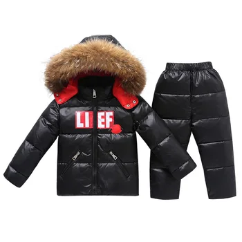 

2020 Winter Boy Down Jacket Real Fur Hooded Waterproof Girls Outerwear Coat Warm Down Pants Baby Boy Snowsuit Toddler Set