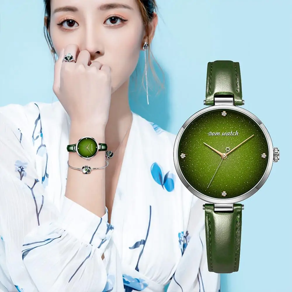 DOM новые женские повседневные часы Роскошные Зеленые кожаные кварцевые