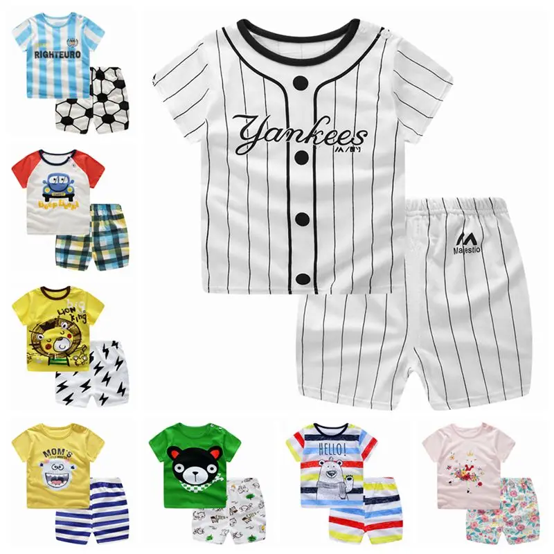 

2019 Summer New Baby Suit Korean Version Short Sleeve T-shirt Two Sets Striped Baby Boys Girls Wear Clothing Children's Cloth