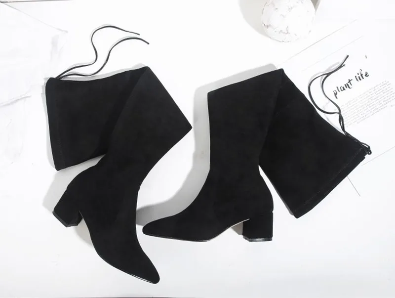 suede slim thigh women boots high heel long chunky black shoes lace up ladies winter pointed toe over the knee tall thick