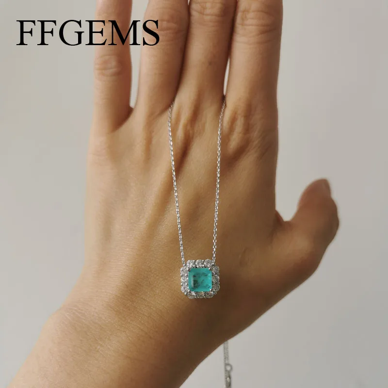 FFGems Brazilian Paraiba Emerald Tourmaline Necklace Created Gemstone Square for Women Fine Jewelry Pendant Party Wedding Gift pendant necklace
