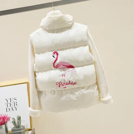 winter Vest jacket women Fashion embroidery sleeveless Cotton coat loose Warm short Cotton Waistcoat women Casual Outerwear - Цвет: Beige white