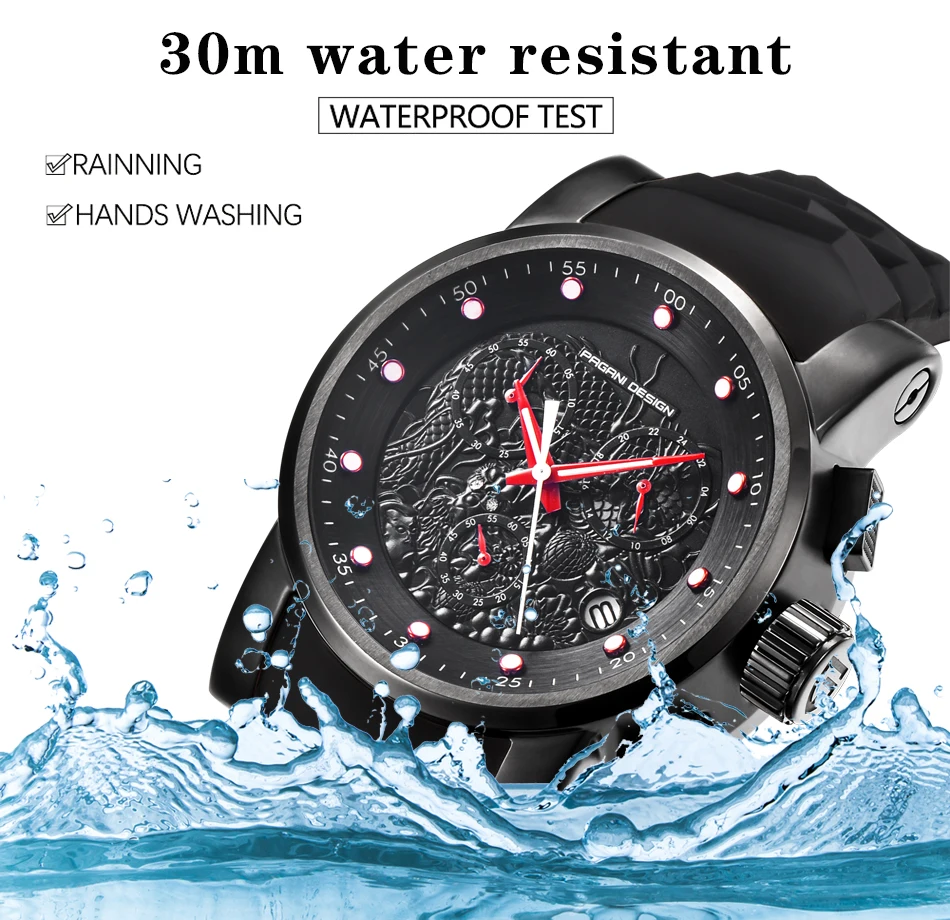 Top Brand Hot Men Quartz Watch PAGANI DESIGN Chinese Dragon Calendar Silicone Strap Multifunction Chronograph Waterproof Watch