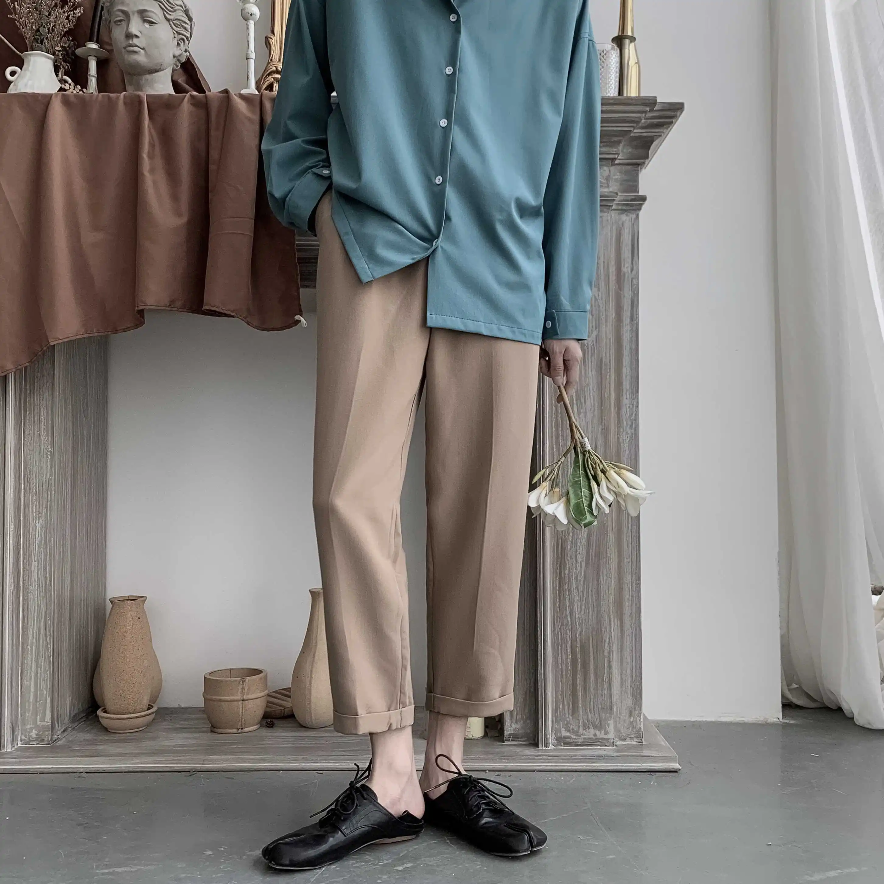 khaki Осеннее новое платье брюки мужские модные однотонный деловой повседневные брюки мужские уличные дикие широкие прямые брюки мужские M-2XL - Цвет: khaki