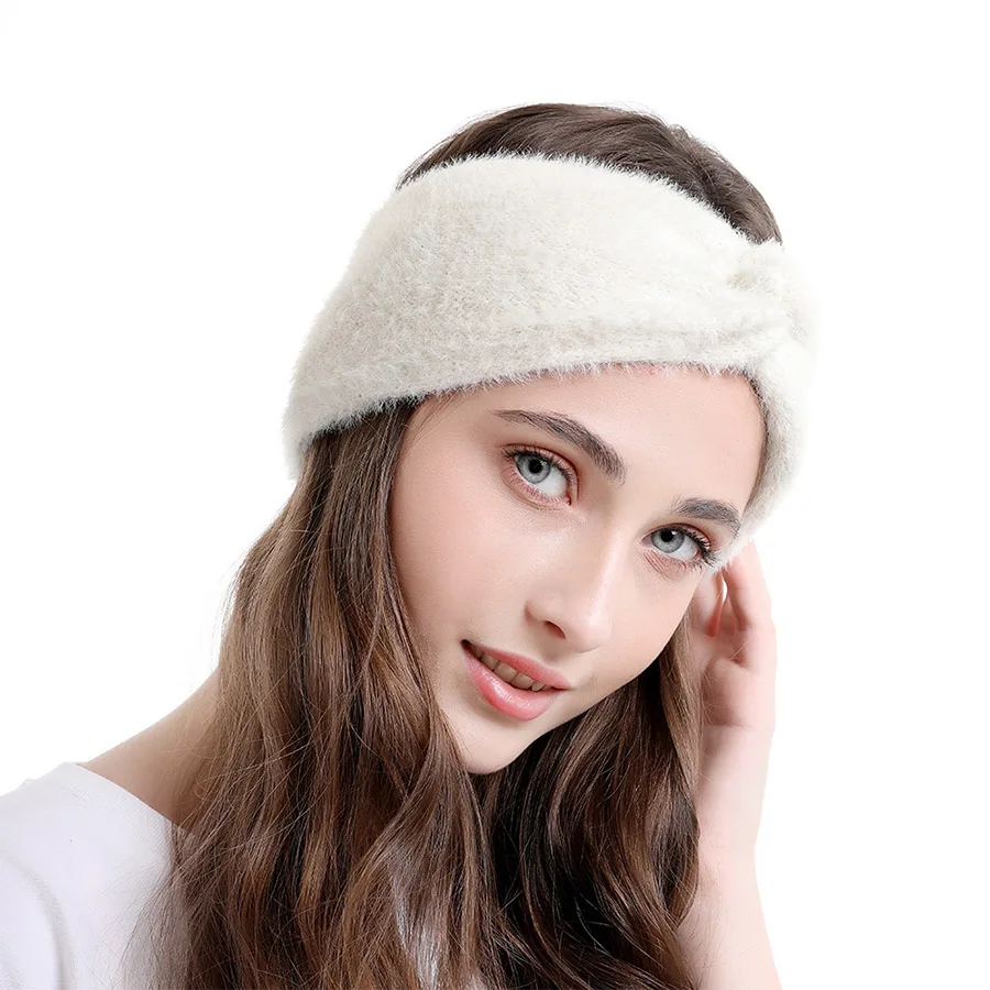 Haimeikang Knot Headbands Autumn Winter Imitation Mink Cashmere Solid Fluffy Bow Hairbands Simple Handmade Warm Women's Headband