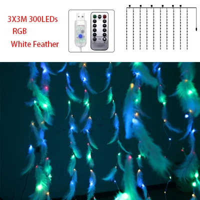 White feather RGB 3X3 м рождественские гирлянды светодиодный гирлянда перья свет Рождественские огни Фея рождественские вечерние садовые свадебные декоративные шторы огни - Испускаемый цвет: White feather RGB