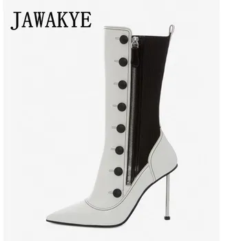 

High Heel Mid-calf Long Boots Pointed Toe White Black Patchwork Formal Party Shoes Winter Boots Silver Stiletto Heel Botas Mujer