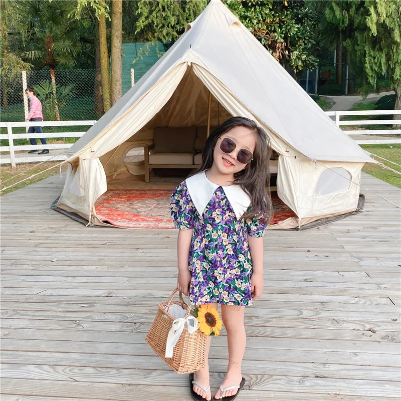 2020 New Summer Little Girls Short Puff Sleeve Floral Chiffon Lapel Collar Princess Dresses Toddler Children Fashion Sweet Dress | Детская