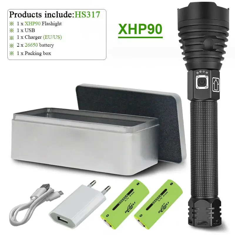 HS317D1-BOX Самый мощный светодиодный светильник-вспышка XHP90, Перезаряжаемый usb фонарь с зумом xhp50 xhp70, ручная лампа 26650, 18650, светильник с батареей, люменов - Испускаемый цвет: HS317D1-BOX