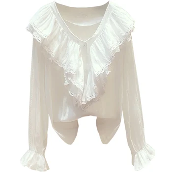 

2020 spring autumn new V-neck ruffle blouse women lace stitching trumpet sleeve top shirt