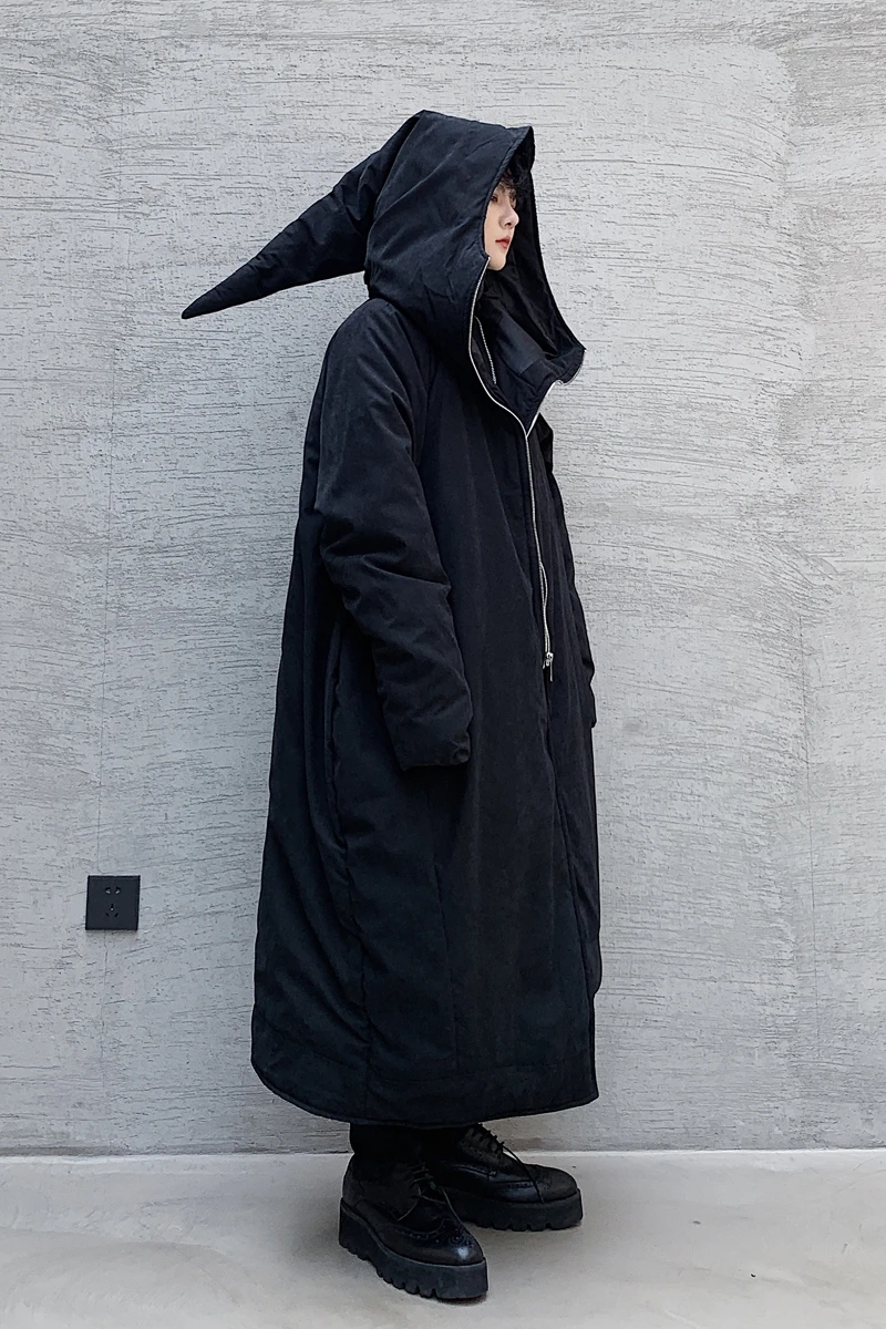 S-XL! Зимнее стильное темно-черное асимметричное дизайнерское мужское Длинное свободное хлопковое пальто с капюшоном