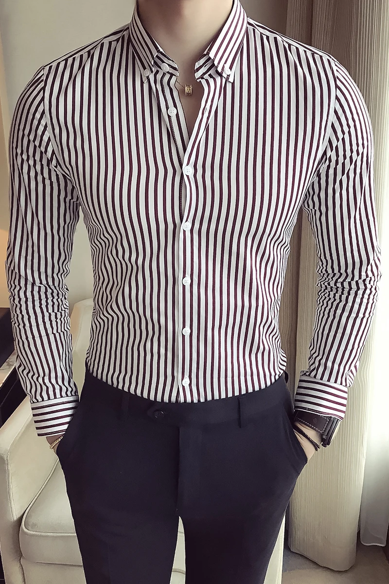 Slim Fit городской стиль мужская полосатая рубашка Модная хлопковая городская мода