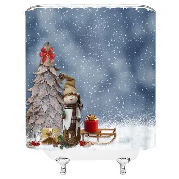 

Christmas Shower Curtain Set DIY Wooden Christmas Tree and Snowman Sled Snowflake Polyester Bathroom Decoration 70×70 Inch with
