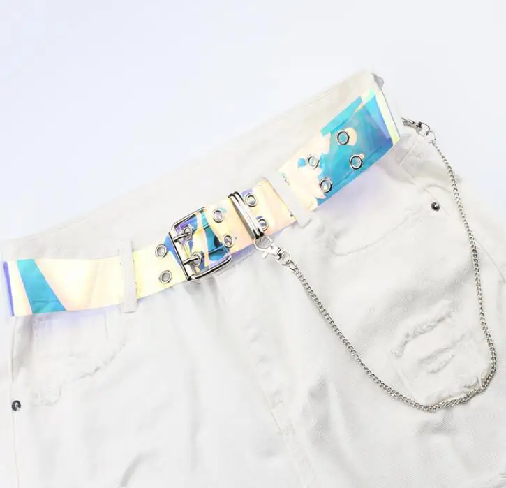 

Female Transparent PVC colorful Clear Belt For Women Designer Harajuku Girls Cute Punk Dress Jeans Chain Two Row Grommet Belts