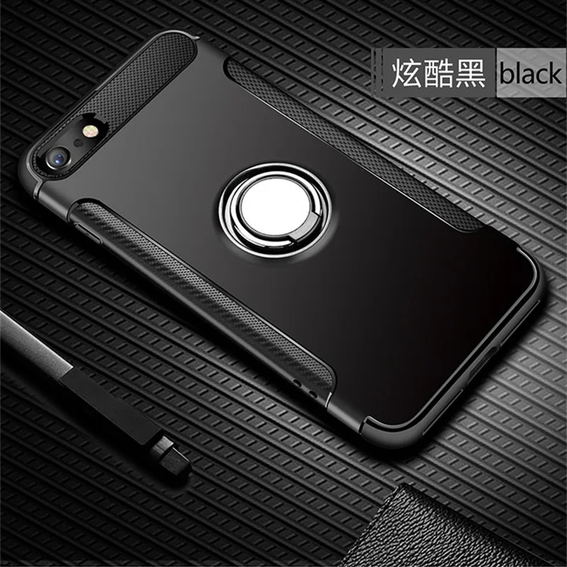 Противоударный чехол для iPhone 7, 6, 6s, 8 Plus, X, 5, 5S, se, Xs Max, XR, силиконовый и жесткий чехол на заднюю панель с магнитным металлическим кольцом, подставка - Цвет: Black