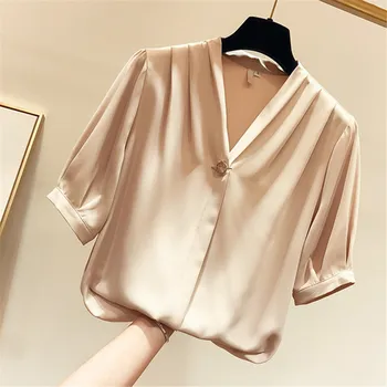 

Chiffion plain women blouse shirts v neck 2020 summer korean janpan half sleeve office lady tops casual daily work blouse shirts