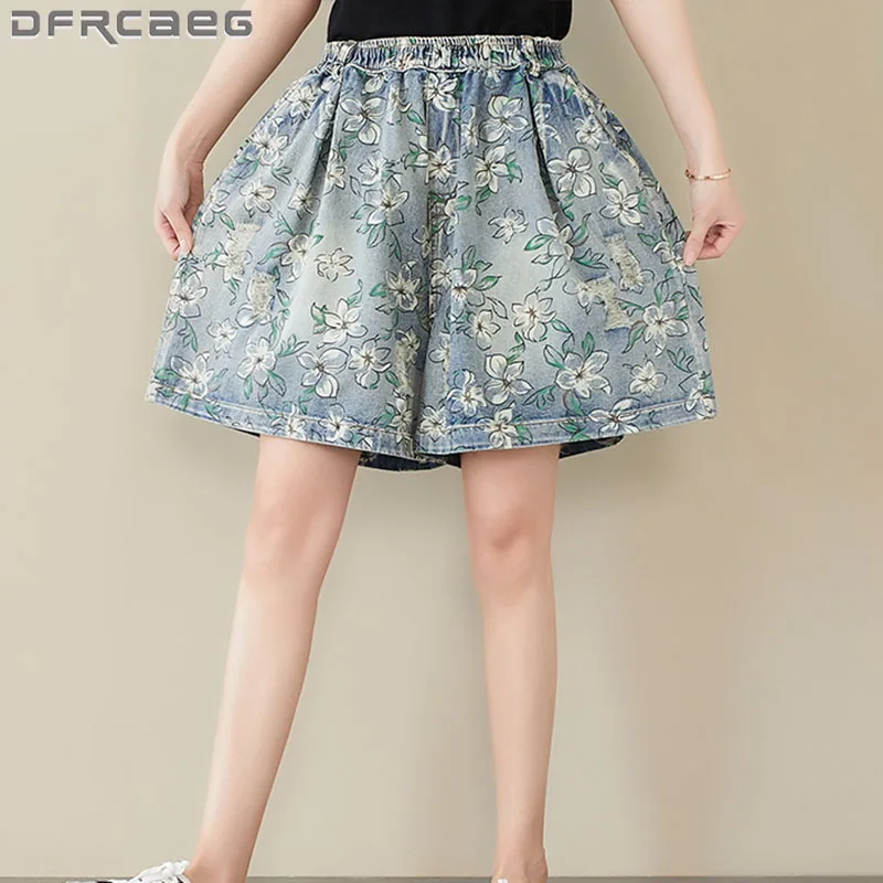 

Summer Shorts 2020 New High Elastic Waist Floral Loose Denim Shorts Women Lady Wide Leg Casual Short Jeans bermuda femme