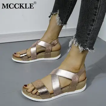 

MCCKLE 2020 Summer Women's Sandals Elastic PU Casual Gold Bling Shoes Women Platform Wedges Sandalias Ladies Female Plus Size