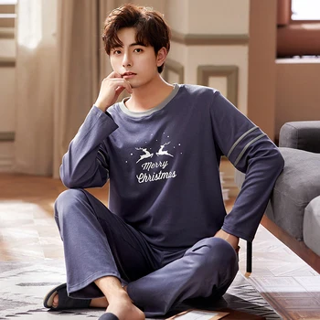 

XIZOU Men Pyjama Set Cotton Spring Autumn Winter Long Sleeve Plaid Pajama Suit Nightwear Collar Pijama Male Sleepwear 2Pcs XXXL