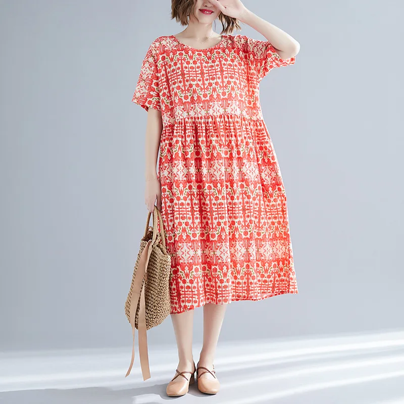 

2019 Summer Literature And Art Large Size Loose-Fit Slimming Cotton Linen Printed Mid-length Dress