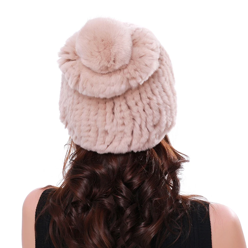 Real rex rabbit fur hat women winter knitted fur beanies cap with fur pom poms new thick female cap Elastic Soft warm