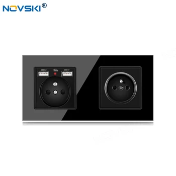 

172 EU Standard DIY Switch Socket Double Frame, French Outlet 2 Frame, 2.1A Dual USB Charging Port, German Bayer Base, Black