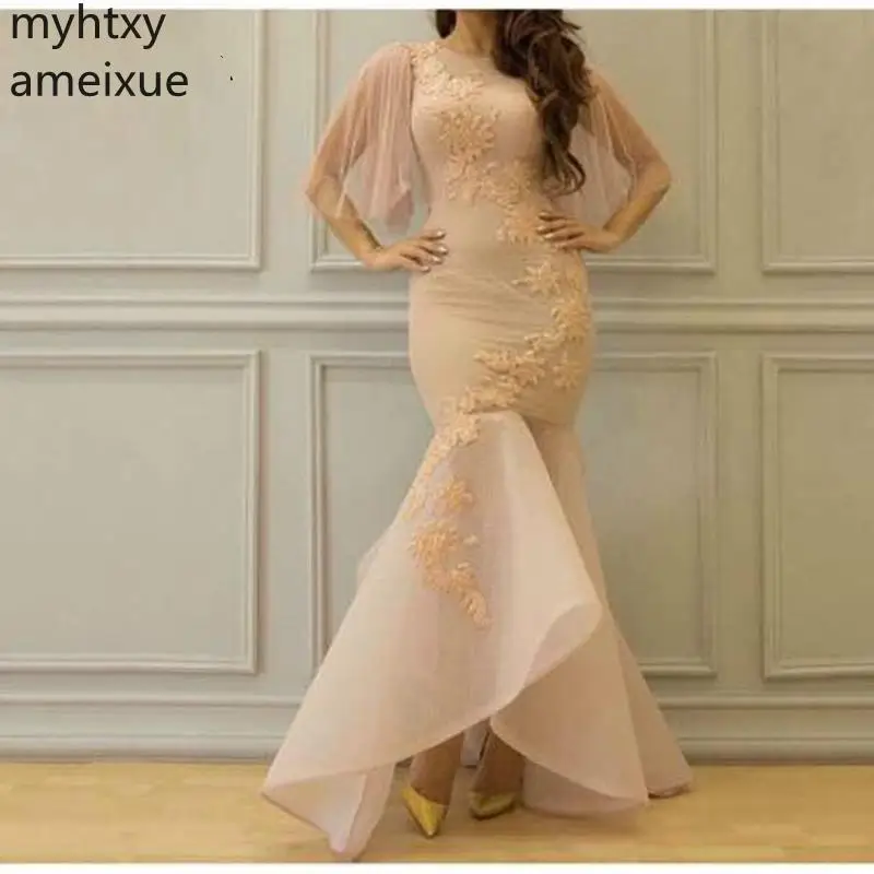 

Hot New Cap Sleeve Pink Mermaid Plus Size Evening Dresses 2019 Lace Appliques Beaded Muslim Evening Dress Party Gown Robe Soiree