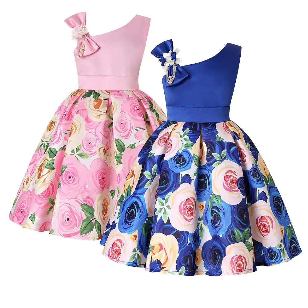 

Children Girl Flower Print Irregular Bow Sleeveless Dress Wedding Party Gown New