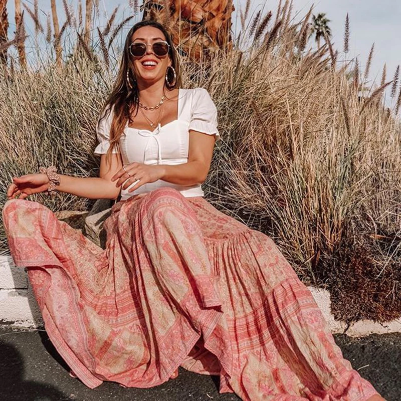 KHALEE YOSE/розовые летние Boho макси юбки с цветочным принтом пляжные для женщин