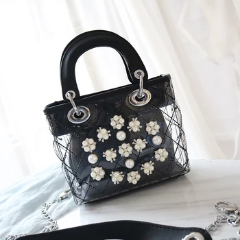 

Women Fashion Handbag Clear See Through Bag Pearl Diamond Studded Crossbody Shoulder Bag Top-handle Lady Purse Inner Clutch Bag