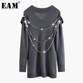 

[EAM] Gray Tassels Big Size Knitting Sweater Loose Fit V-Neck Long Sleeve Women Pullovers New Fashion Tide Spring 2020 1N079