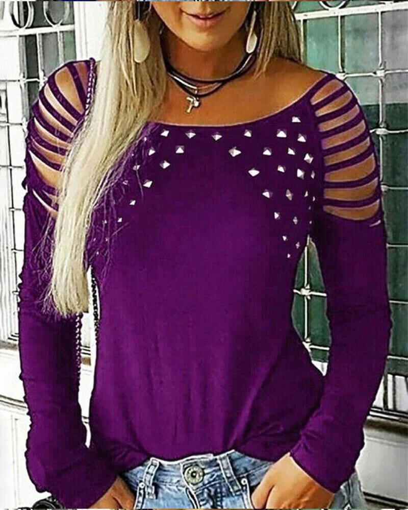 Women Rivet Sequins Cold Shoulder Shirts Fashion Ladies Long Sleeve Hollow Out Blouse Female Solid Pullovers Top Plus Size 5XL