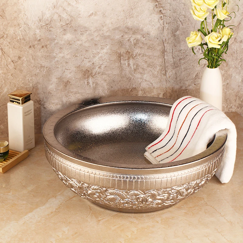 KEMAIDI керамический стеклянный умывальник, никелевый смеситель для раковины с античной латунной ванной кран лист шаблон счетчик верхней раковины-чаши для ванной комнаты - Цвет: Only Basin