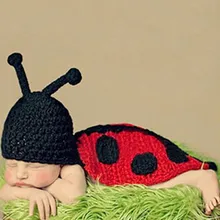 Cartoon Cute 0-6Months Newborn Animal Cosplay Handmade Crochet Knitted Elastic Baby Ladybug Photography Costume Baby Suit