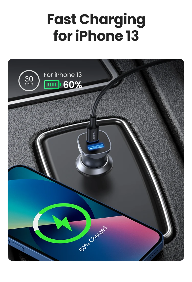 UGREEN 30W Car Charger Dual Port QC 4.0 3.0 Fast Charging For iPhone 14 13 12 Xiaomi Huawei Samsung Supercharge Type C Charger
