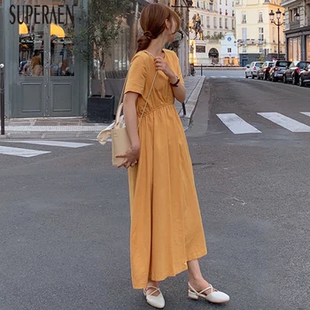

SuperAen Temperament Fashion Dress Female Short-sleeved Korean Style Ladies Dress New 2020 Summer Cotton and Linen Dresses